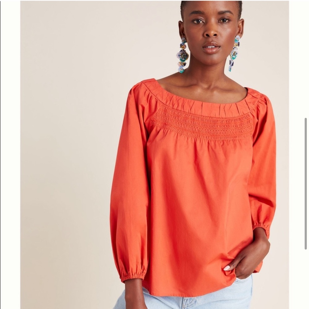 Anthropologie Maeve Coral Poplin Smocked Neck Peasant Top Size XS NWT